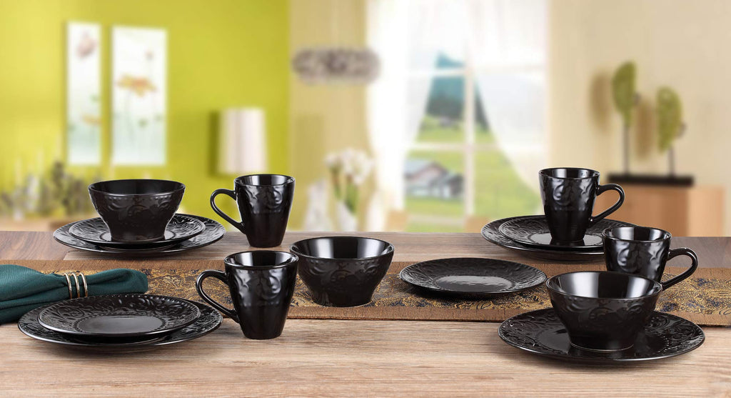 Elegant and Modern Stoneware Scroll Dinnerware Set for Hosting Parties and Events - Black, 16 Piece
