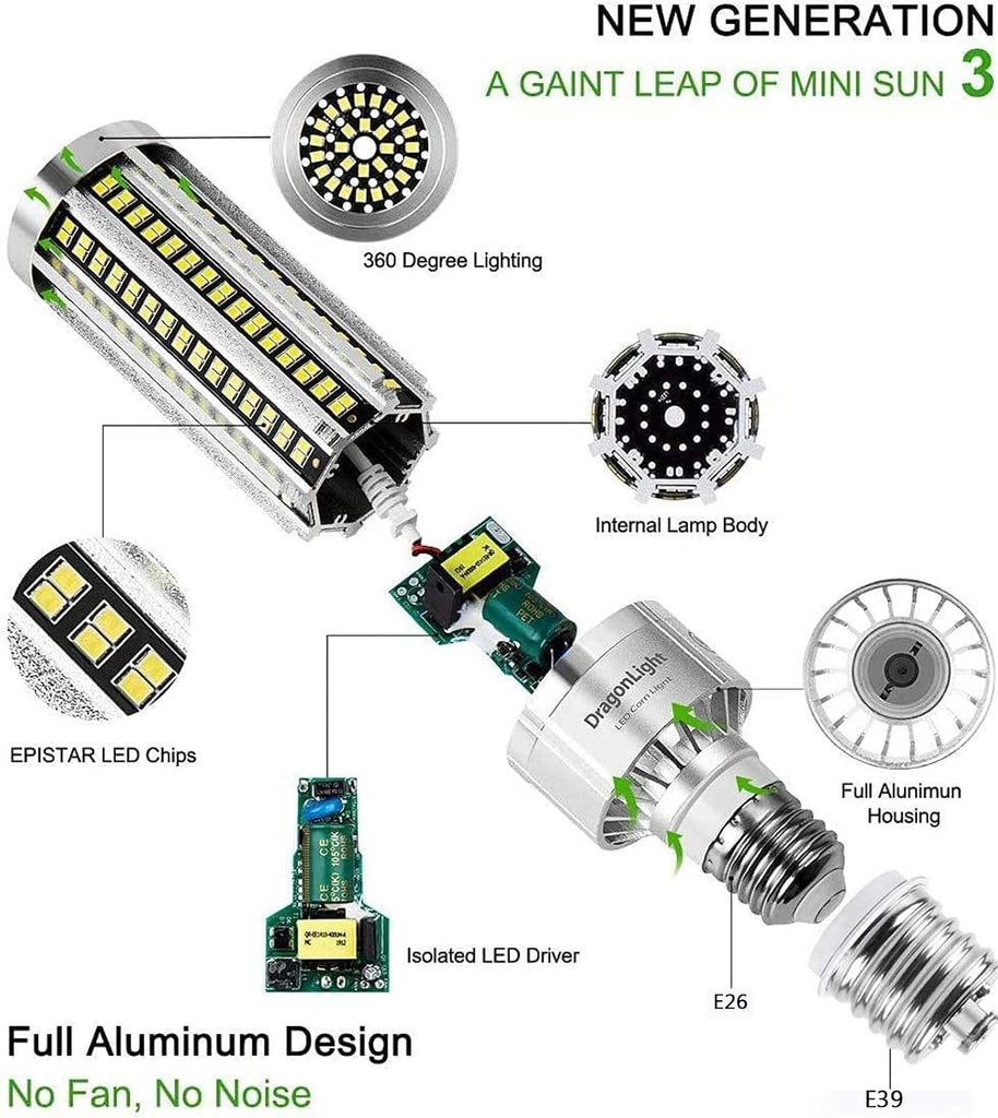 60W Corn LED Light Bulb Fanless (200 Watt Metal Halide/HID/HPS Replacement) E26/E39 Large Mogul Base LED Lamp 6000K