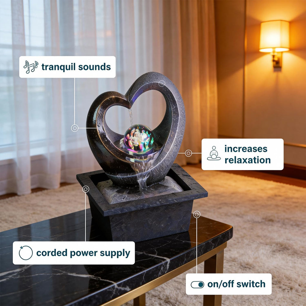 Tabletop Water Fountain, Zen Meditation Indoor Waterfall Fountain, Heart Shape Decoration with LED Light Bedroom