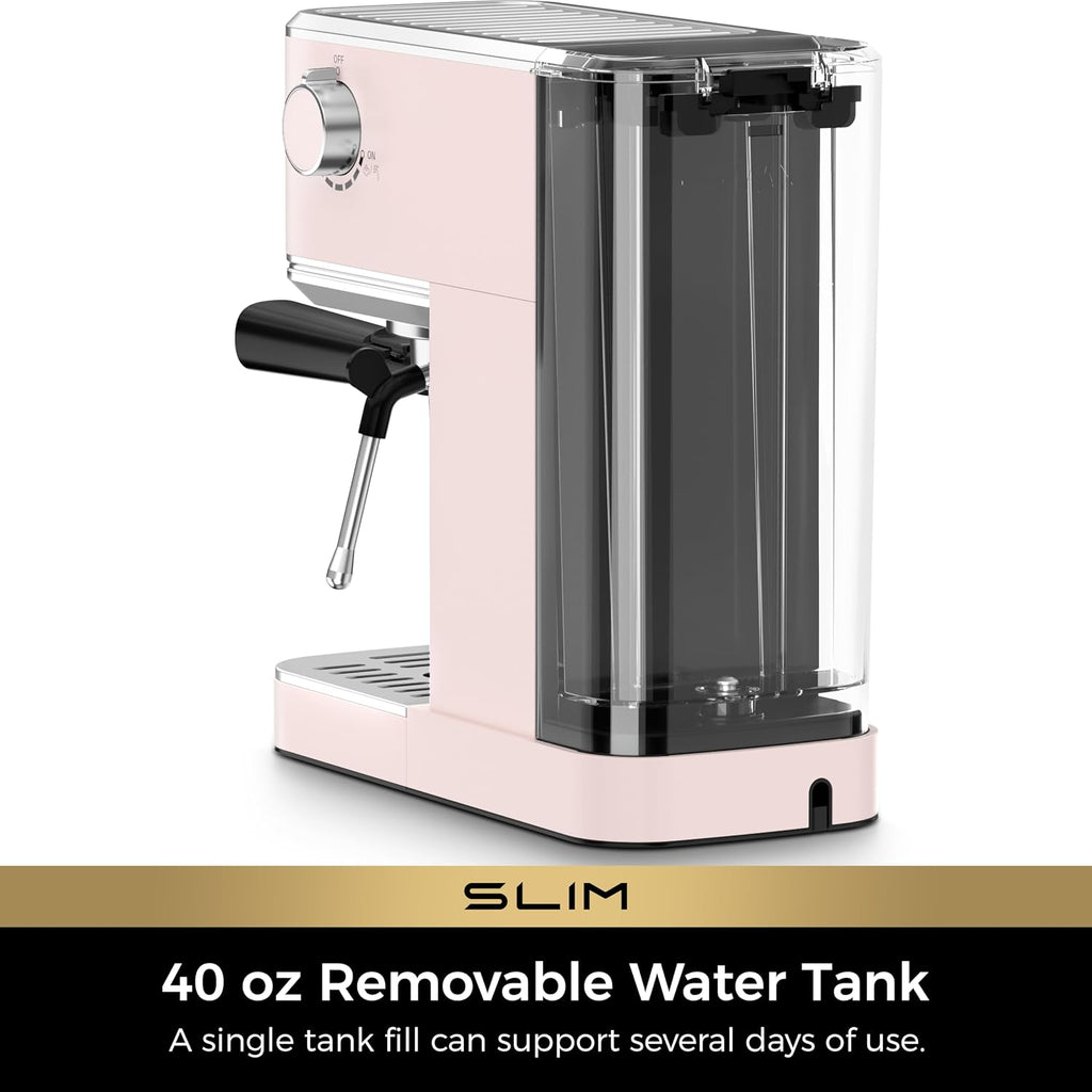 Slim Espresso Machine with Milk Frother Cappuccino, Pink | Precise Pressure Gauge, Food-Grade Materials, 20 Bar