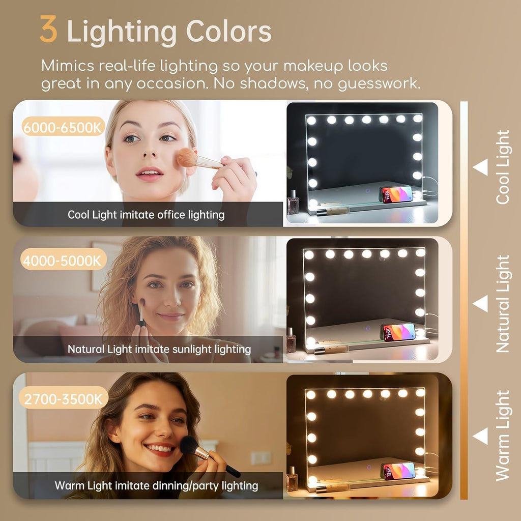 Hollywood Vanity Mirror with Lights, 23"x18" Lighted Makeup Mirror with 10x Magnification for Desk/Wall Mount, 15 Led