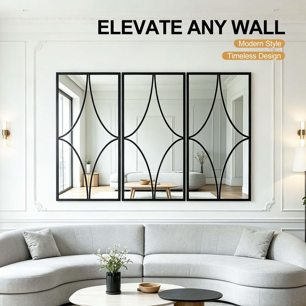 Set of 3 Black Wall Mirrors, Modern Geometric Decorative Mirror Set with Curved Line Design, Contemporary Wall Mirror