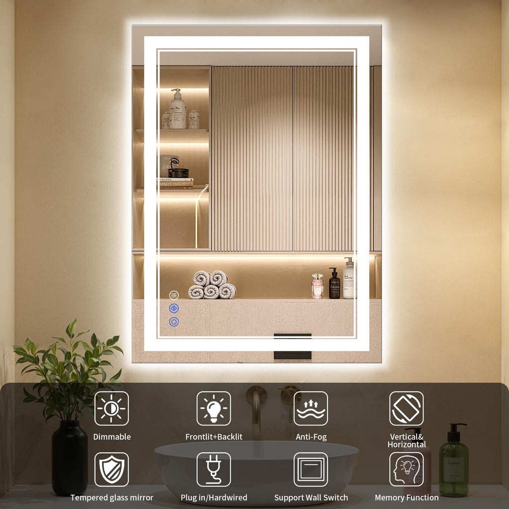 24X36 LED Bathroom Mirror with Lights, Anti-Fog, Backlit + Front Lit, Dimmable, Led Vanity Mirror for Wall, Lighted