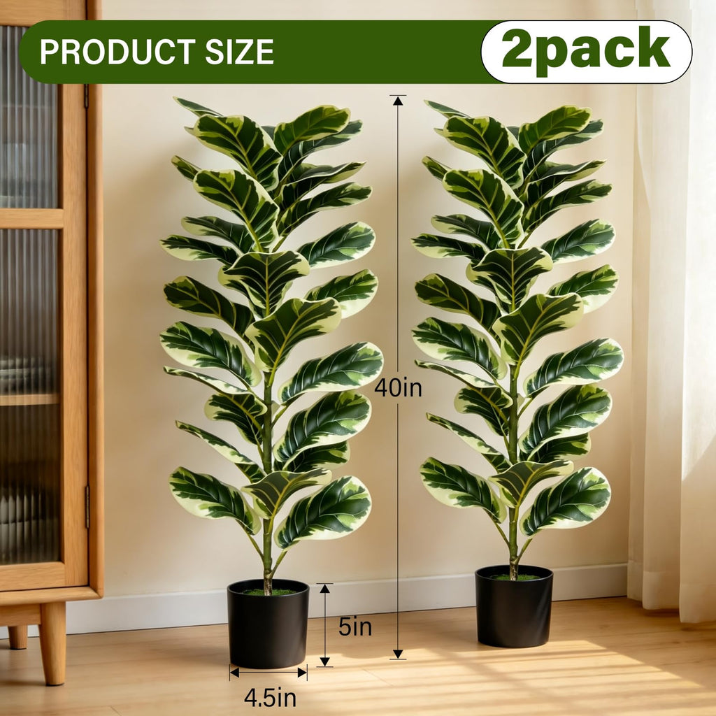 Set of 2 Fiddle Fig Tree 40'' Fake Tree Plants Artificial Decor with Green Artificial Turf Artificial Indoor Plants