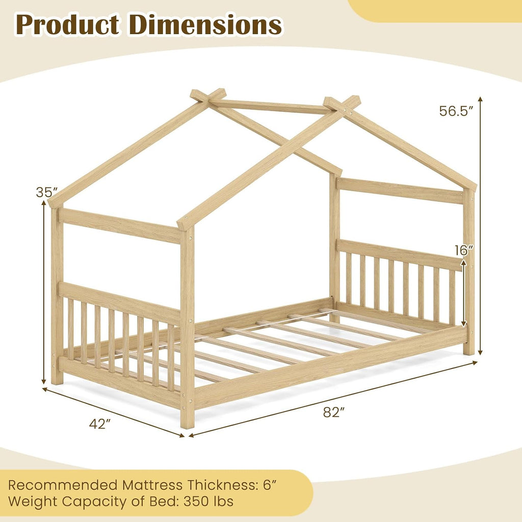 House Bed Twin, Solid Wood Kids House Bed with Roof, Headboard and Footboard, Low Floor Twin Bed Frame for Kids Teens