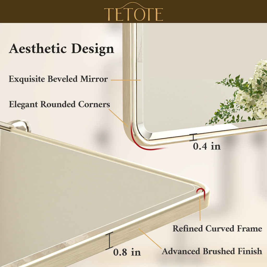 Brushed Nickel Pivot Rectangle Bathroom Vanity Mirror 24 x 36 Tilt Beveled Mirror, Pivoting Metal Framed Tempered