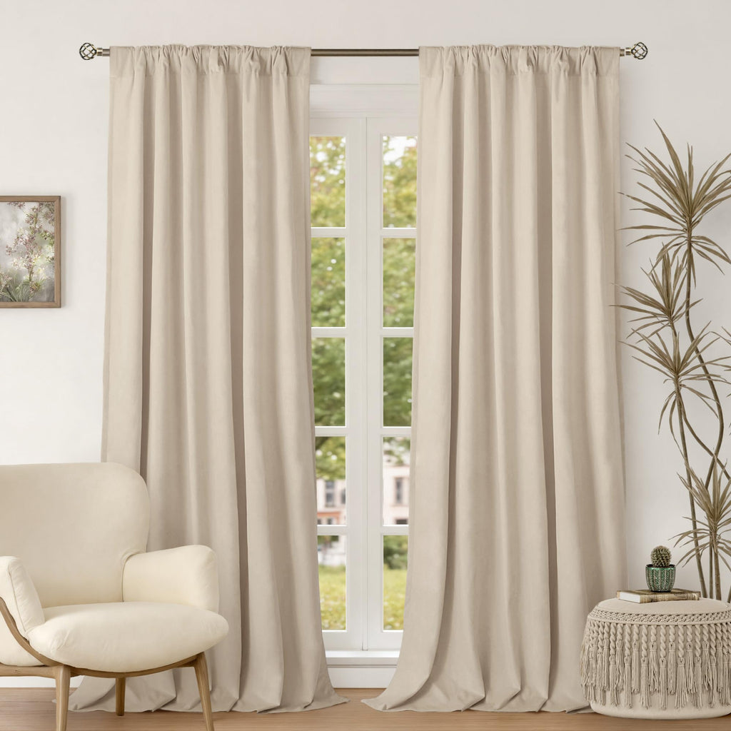 Cream Beige Thick Velvet Blackout Curtains 90 Inch