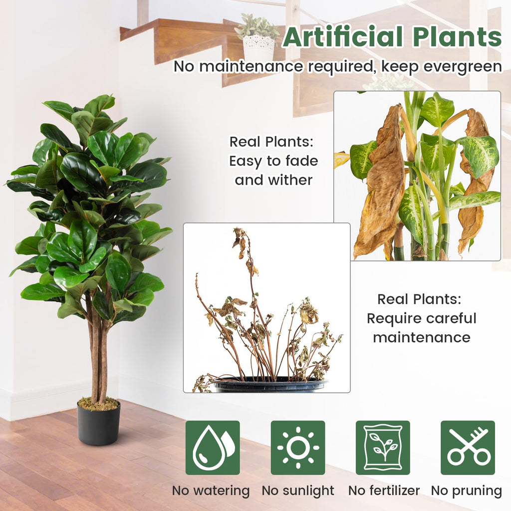 4 FT Artificial Greenery Tree, Indoor Fake Fiddle Fig Tree Plants in Pot, Faux Ficus Lyrata Tree Decoration