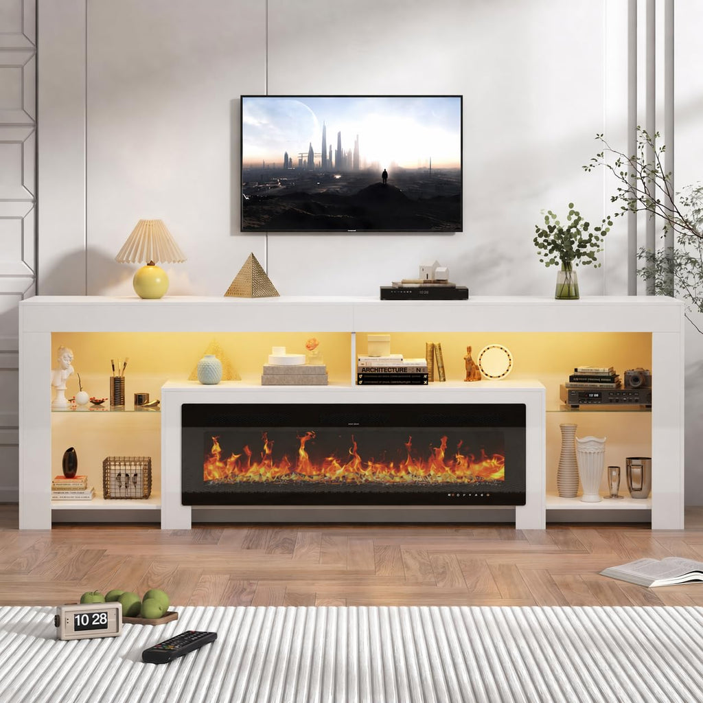 94.5" Extra Long Fireplace TV Stand with 50" Electric Insert, Modern High Gloss Entertainment Center for Up to 100"