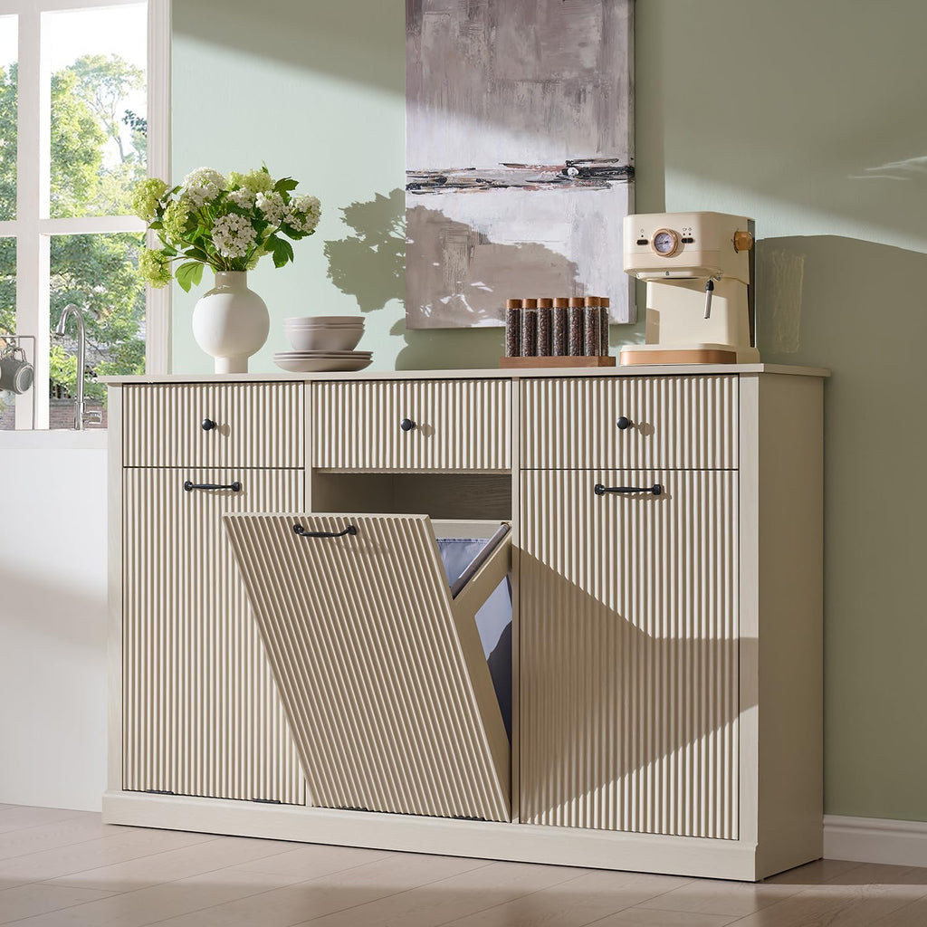 Triple Tilt Out Laundry Hamper Cabinet, Trash Can Cabinet, Cream