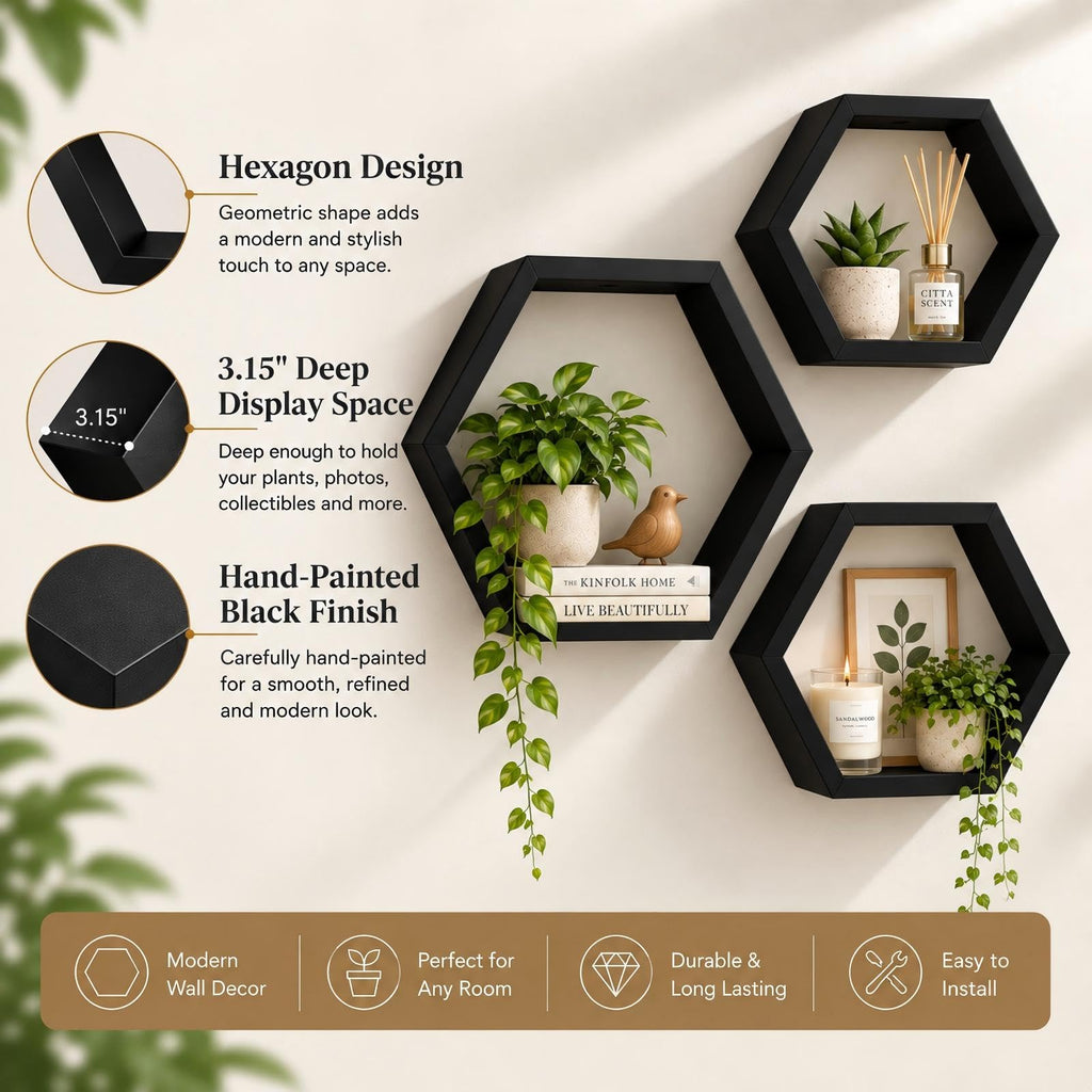 Wall Mounted Hexagon Floating Shelves, Wooden Wall Organizer Hanging Shelf Decor, Set of 3, Black