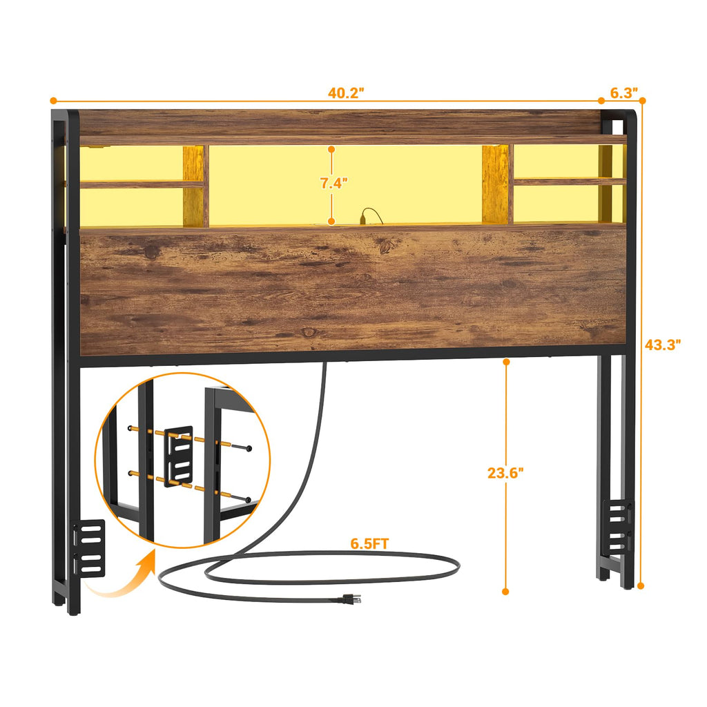 Headboard for Bed with Storage and Outlets, Rustic Brown