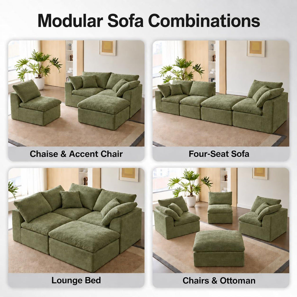 Modular Cloud Couch, Modern Sectional Couch with Ottoman, Comfy Chenille Deep Seat Memory Foam Boneless Sofa