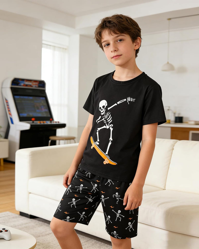 Boys Pajamas Sets Glow in Dark Summer Short Sleeve Sleepwear Skull Kids Pjs