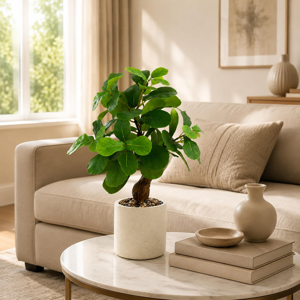 17.5 Inch Artificial Fiddle Leaf Fig Tree in Cement Pot with Pebbles, Realistic Faux Potted Plant, Zero-Maintenance