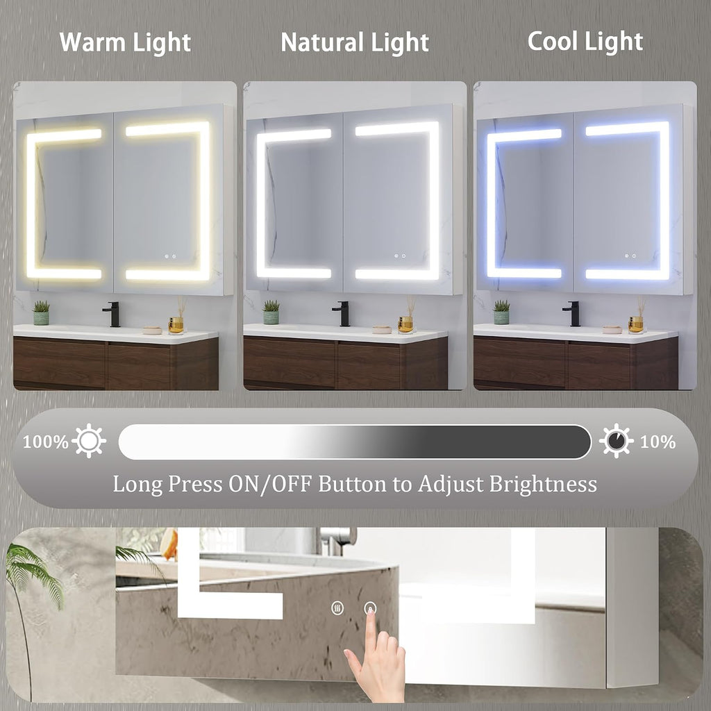 LED Medicine Cabinet with Mirror , Assembly-Free Lighted Medicine Cabinet, Defog, Stepless Dimming, 3 Colors, 2
