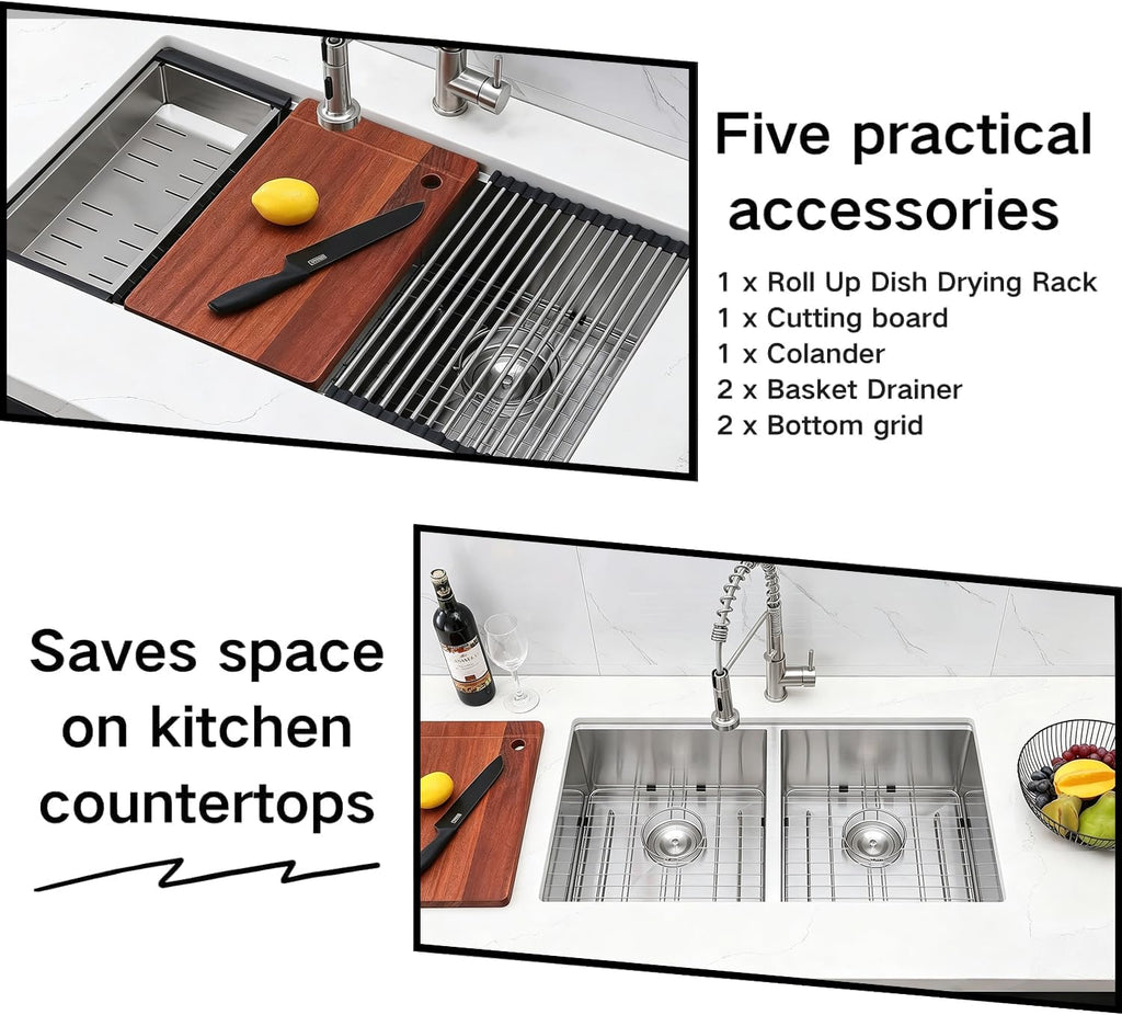 33 Inch Double Bowl Undermount Kitchen Sink, 33x19 Inch Workstation 16 Gauge Stainless Steel Double Kitchen Sinks with