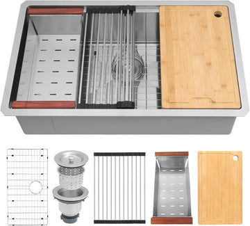 32 Inch Workstation Kitchen Sink, 16 Gauge Undermount Sink | 304 stainless steel single bowl, 32"×19"×10", includes