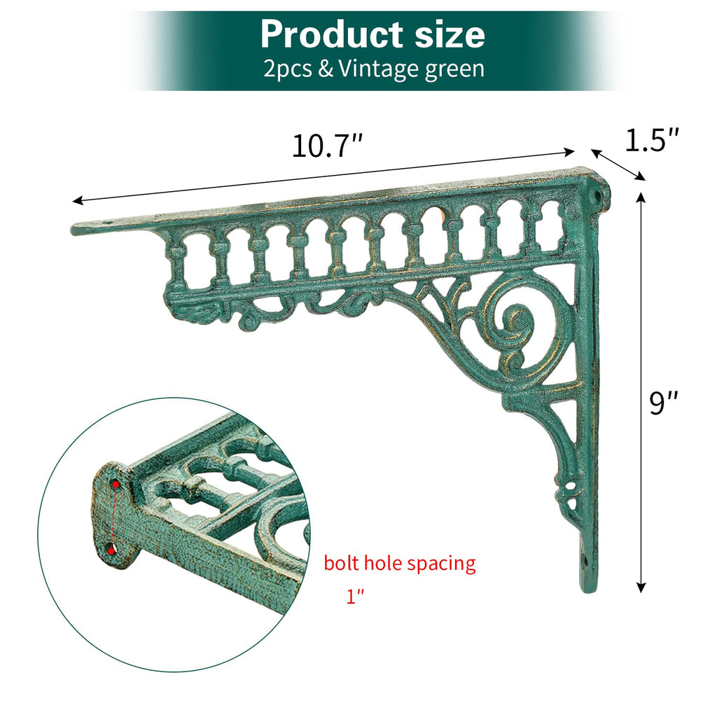 10.6 Inch Cast Iron Brackets for Shelves - 2 Pack Vintage Green