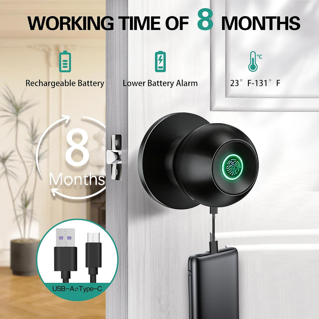 Smart Door Knob, Fingerprint Door Knob, Biometric Smart Door Lock with App Control, Metal Alloy Door Knobs, Easy
