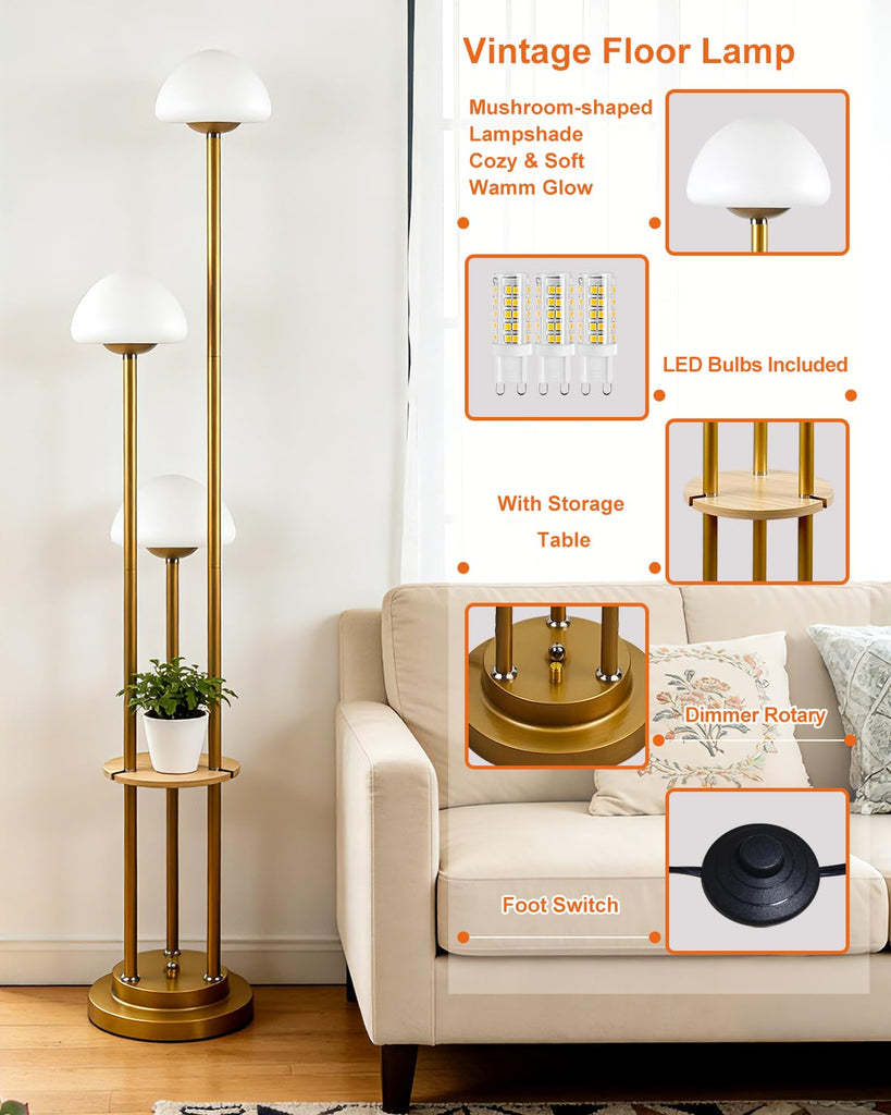 Gold Dimmable Floor Lamp with Table, Modern Floor Lamps with Mushroom Shades & Bulbs, 3000K Warm Lights Tall Standing