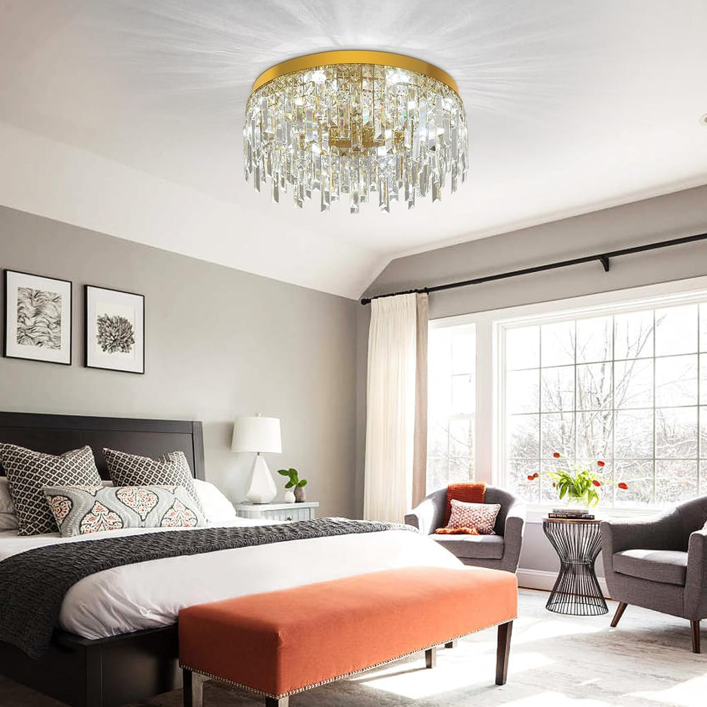 Gold Crystal Chandeliers for Dining Room 19.68" Round Luxury Flush Mount Crystal Ceiling Light Fixture Modern