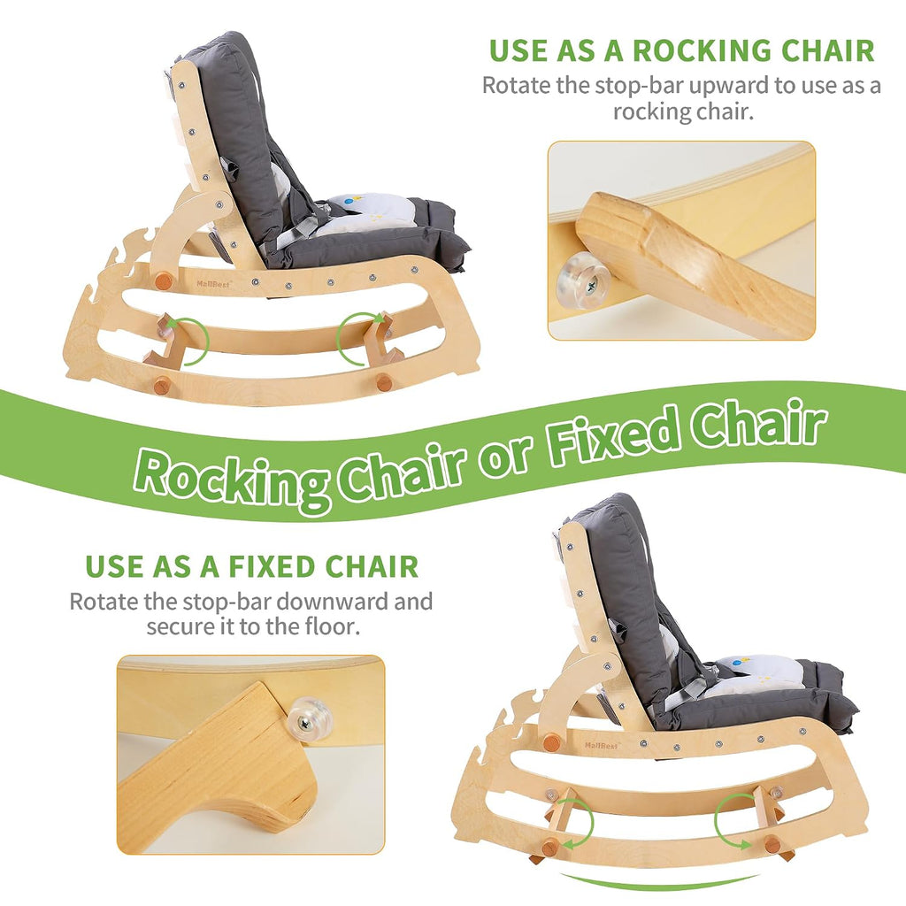 In-1 Baby Rocker Chair with Double Cushions, for 0-12 Months, Adjustable Wooden Infant Rocker with Removable