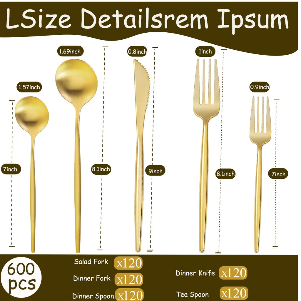 Gold Silverware Set 600-Piece - Premium Stainless Steel Flatware Set for 120, Luxury Gold Cutlery Set with Spoons
