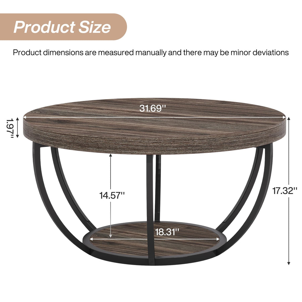 31.7" Round Wooden Coffee Table with Storage Pedestal