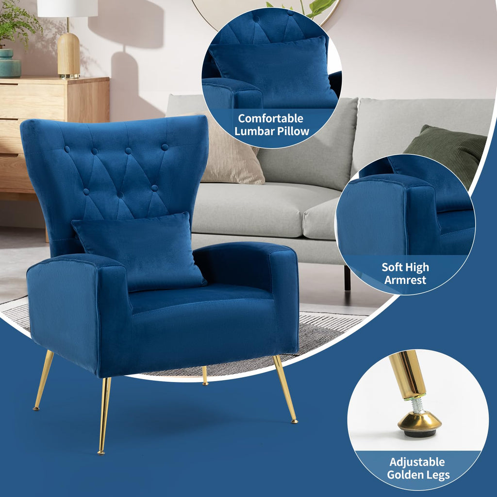 Button-Tufted Living Room Chairs Set of 2, WingBack Velvet Accent Chair Armchair with Lumbar Pillow, Bedroom Chairs