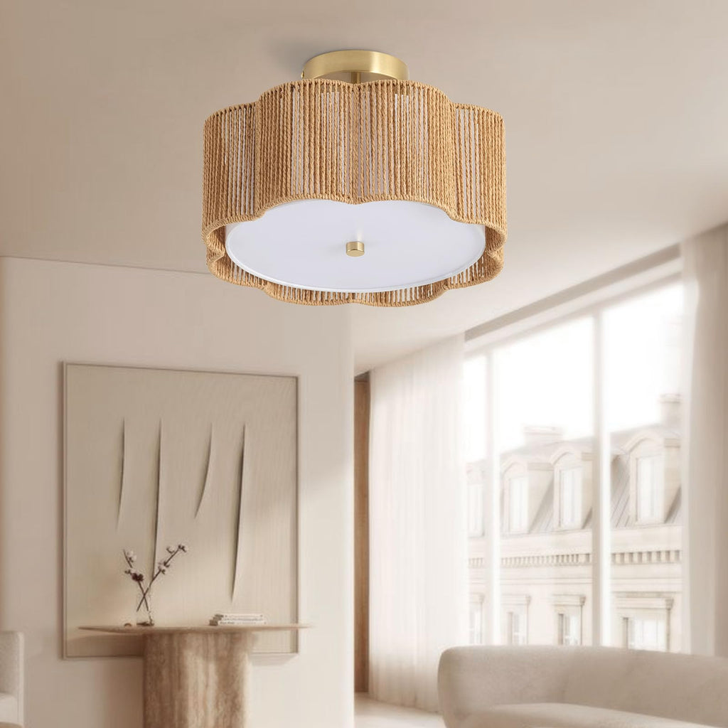 Rattan Ceiling Light Fixtures Flush Mount, 3-Light Boho Light Fixtures Ceiling Mount, Close to Ceiling Lights Modern
