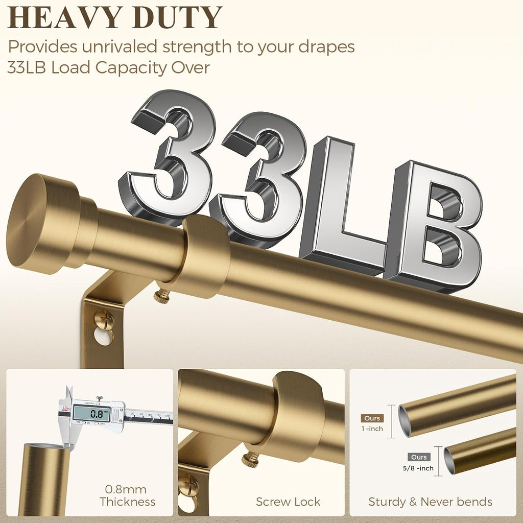 Brass Gold Curtain Rod 36 to 144 Inch, Brushed Warm Gold 1" Adjustable Long Heavy Duty Curtain Rods for Windows