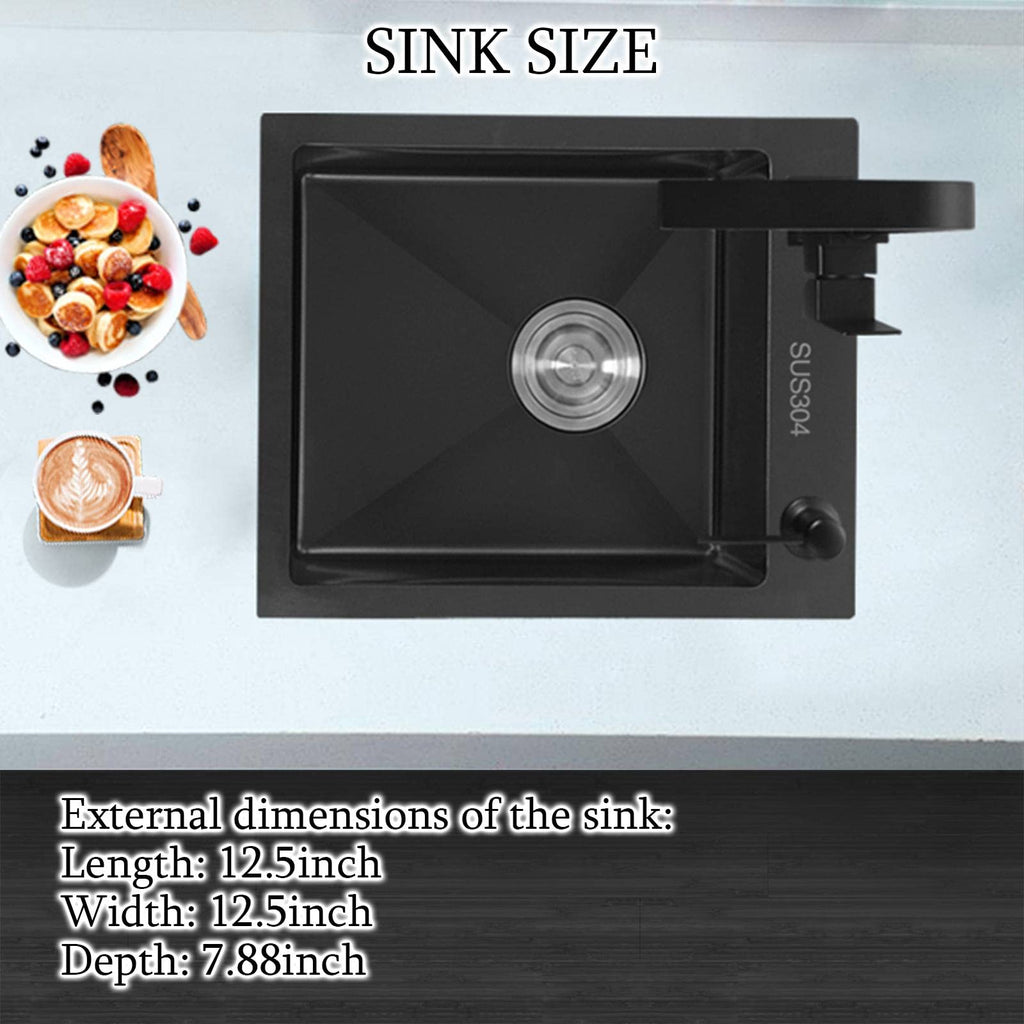 Square Single bowl Kitchen Sink Black Stainless steel with Faucets Undermount 12.5x12.5IN