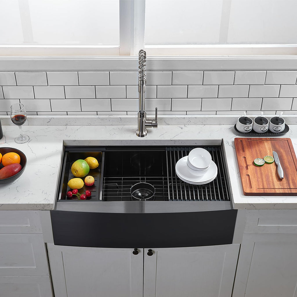 33 Inch Black Farmhouse Kitchen Sink, 33x20x9 Inches Stainless Steel Undermount 16 Gauge Deep Single Bowl Apron Front