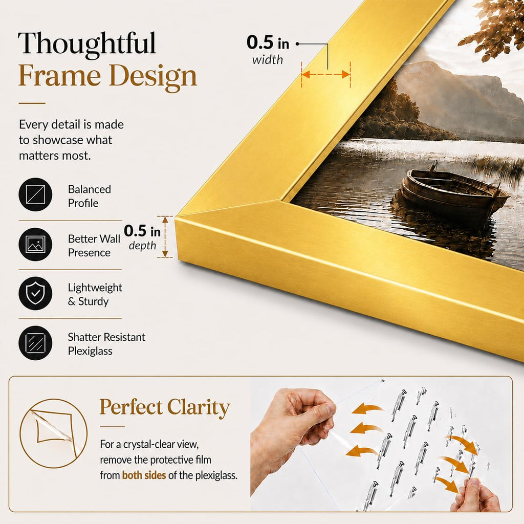 11x16 Gold Picture Frame Set of 4, Horizontal and Vertical Formats for Wall Hanging, 11 x 16 Wall Gallery Poster