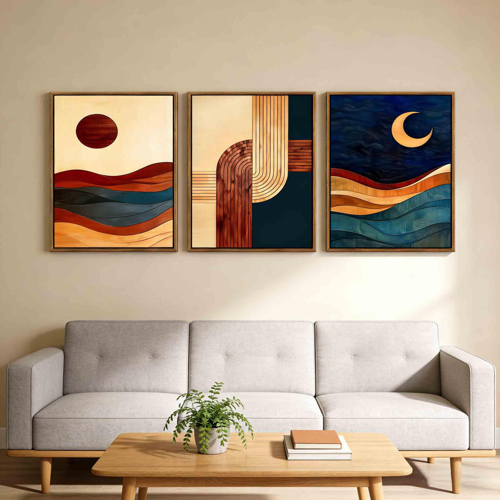 3-Piece: 24x36 Inch Framed Sun & Moon Modern Abstract Wall Art - Boho Mid-Century Geometric Canvas Decor
