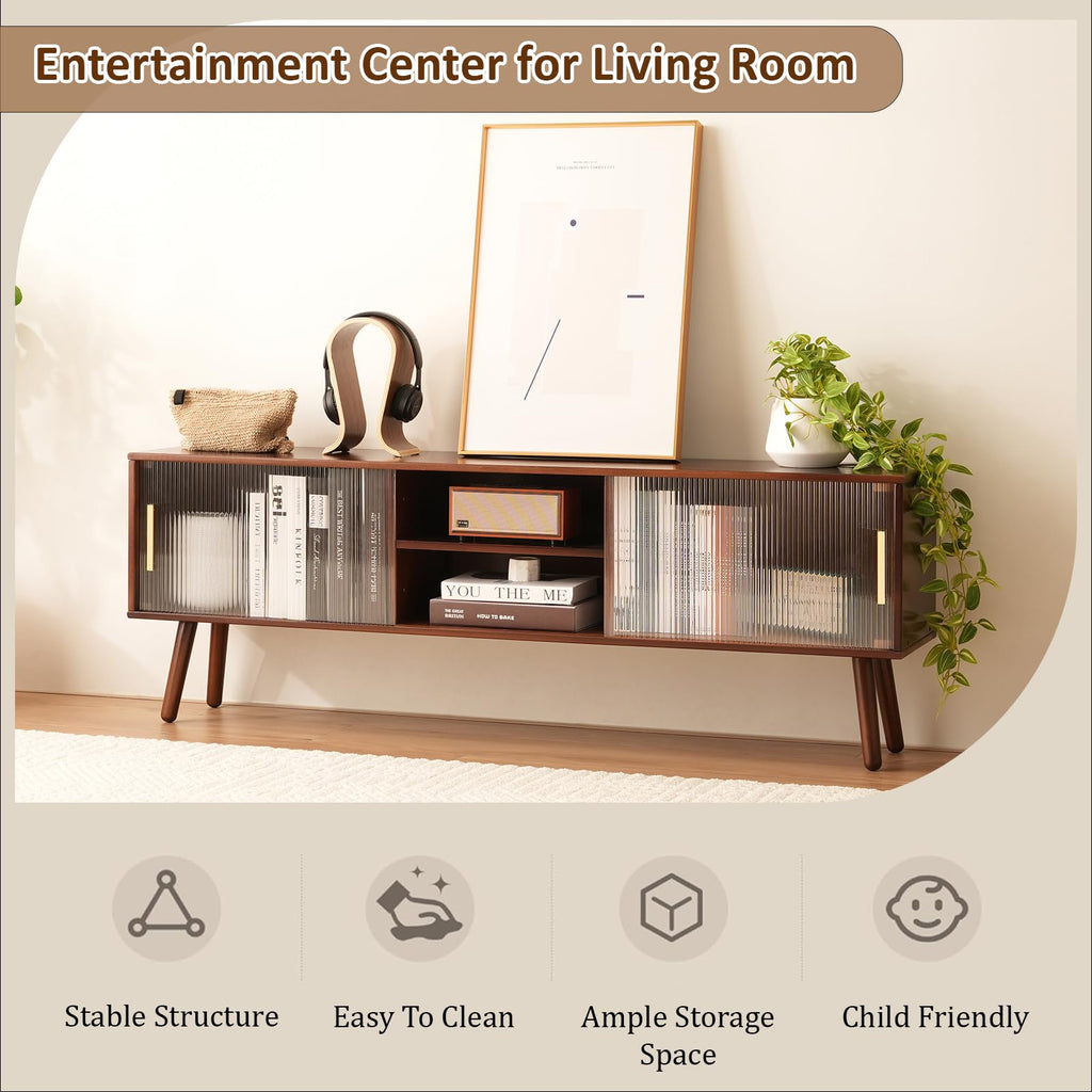 Bamboo TV Stand Entertainment Center, Mid-Century Modern Television Stand for 55-65 inch TVs, Rustic Brown Media