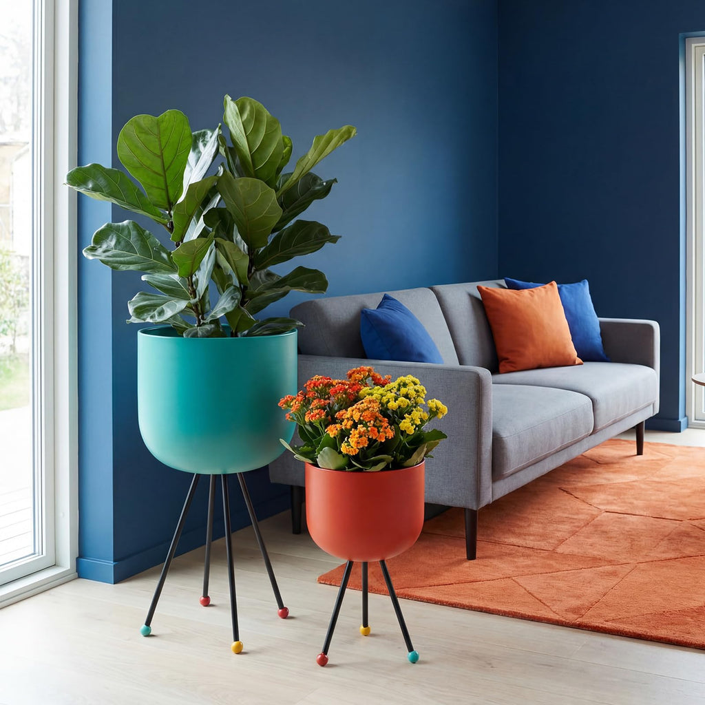 2 Pack Mid Century Modern Metal Planter with Stand, Orange, Blue