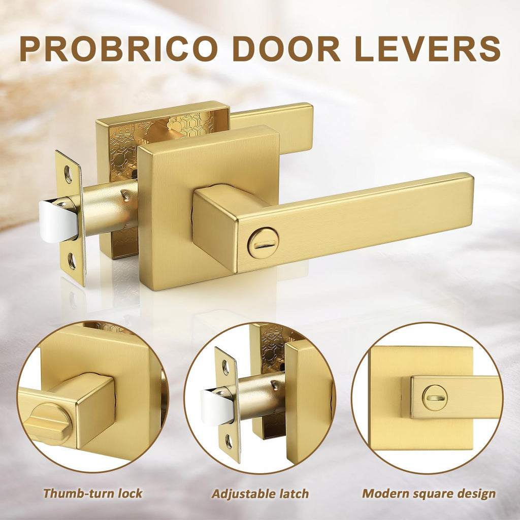 2 Pack Gold Privacy Door Handles,Heavy Duty Satin Brass Door Knobs with Lock ,Square Interior Keyless Locksets