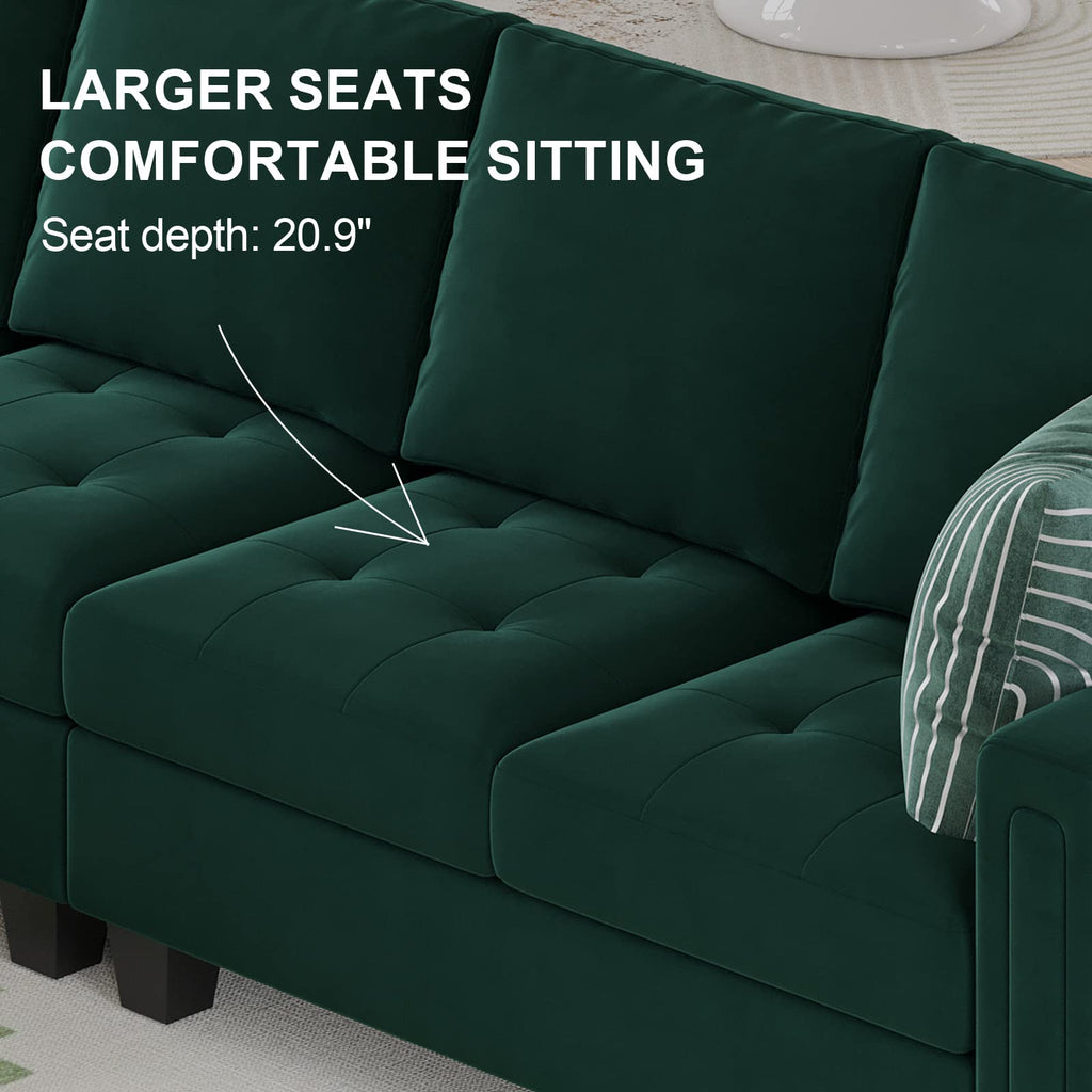 Velvet Reversible Sectional Sofa with Chaise Convertible L Shaped 4-seat Sectional Couch with Storage Ottoman Green