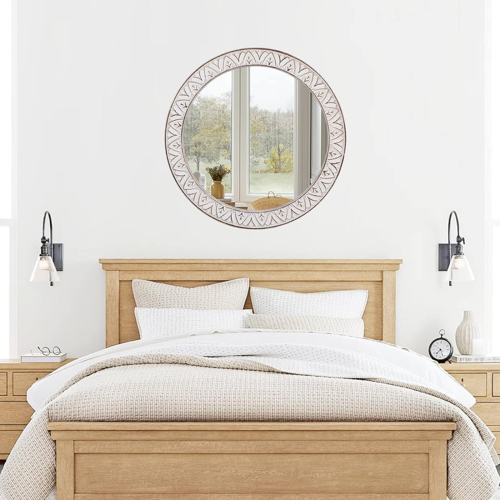 Rustic Round Wood 36 Inch Farmhouse Mirror, Wall Mount, Framed, White, Flower White, Modern & Rustic Style