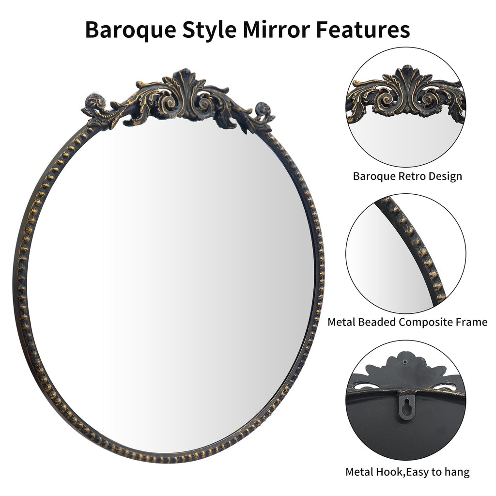 Round Mirror, 24''Baroque Style Circle Mirror Vintage Black Metal Frame Wall Mirrors for Vanity, Bathroom or Bedroom