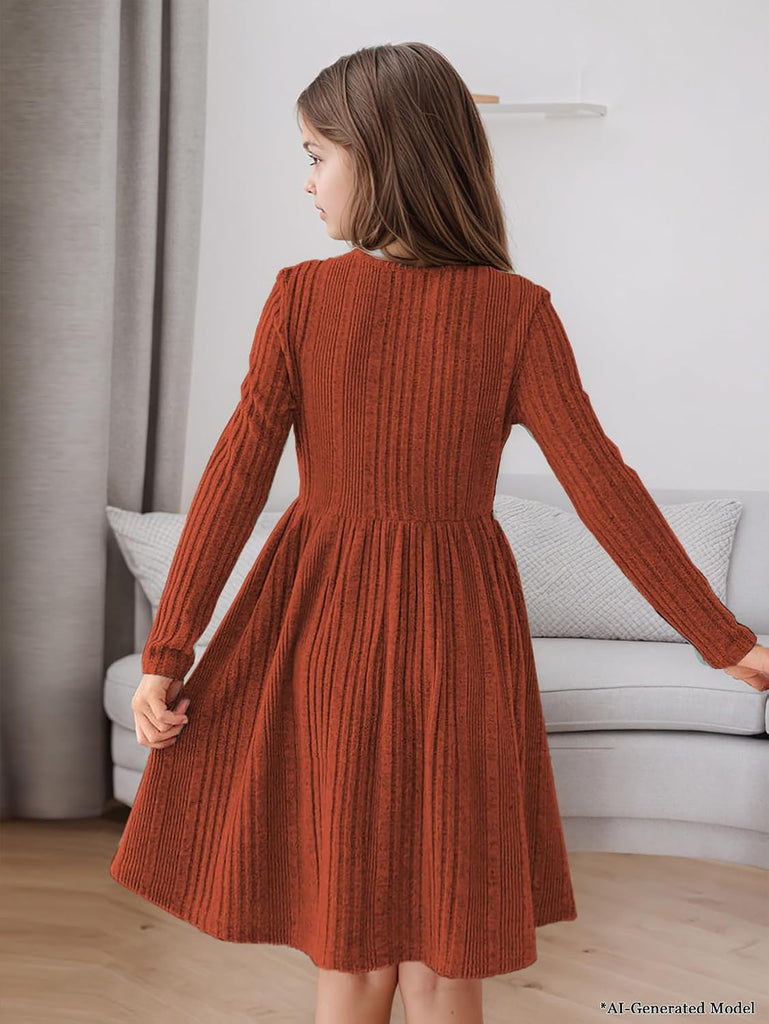 Girls Long Sleeve Rib Knit A-Line Dress Pockets