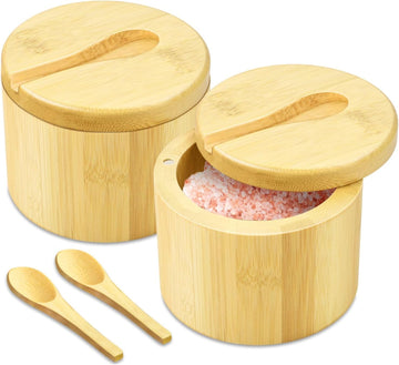 Bamboo Salt Cellar with Lid and Spoon, Salt and Pepper Box, 2 Pack - Set of 2
