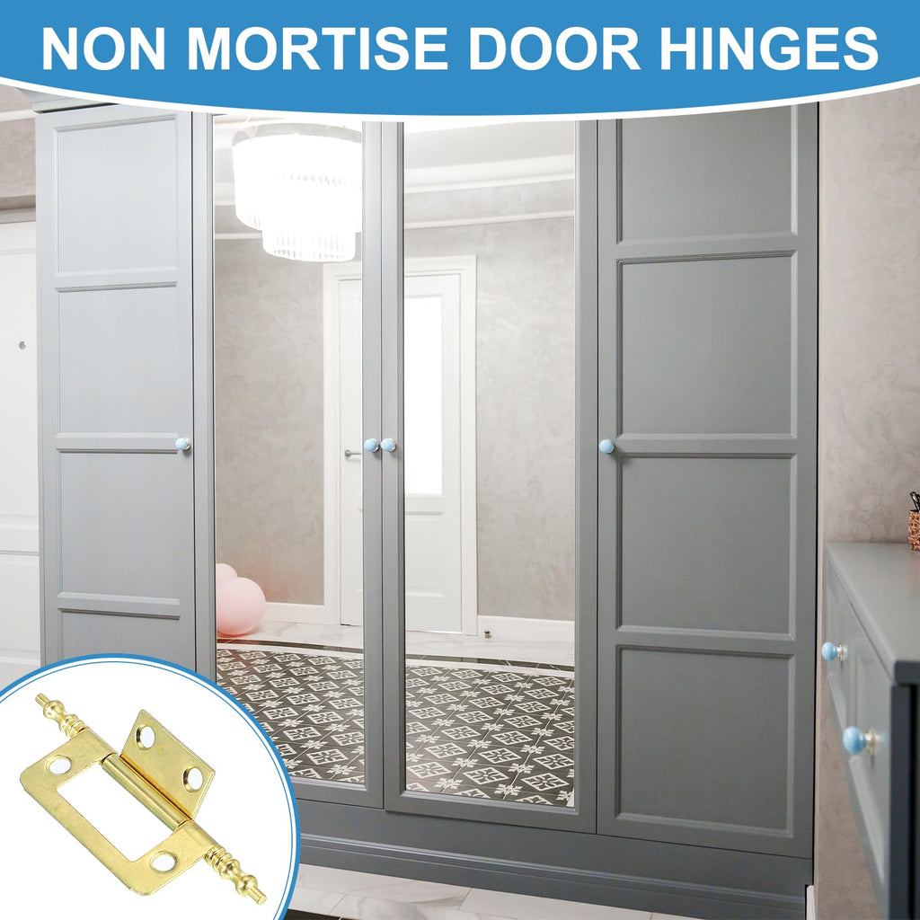 Non-Mortise Door Hinges, 2" x 1" Heavy Duty Steel Flush Cabinet Hinges, Gold, Classic, Pack of 4