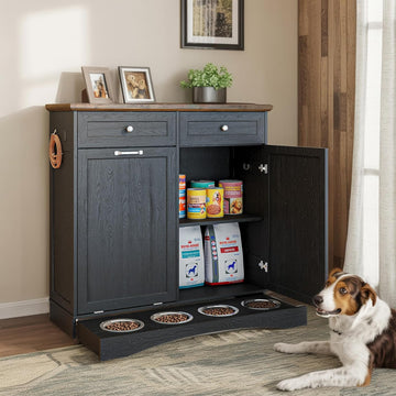 Double Door Dog Feeding Station with Storage, 10 Gallons Tilt Out Trash Can Cabinet, Dog Food Cabinet with Dog Bowls