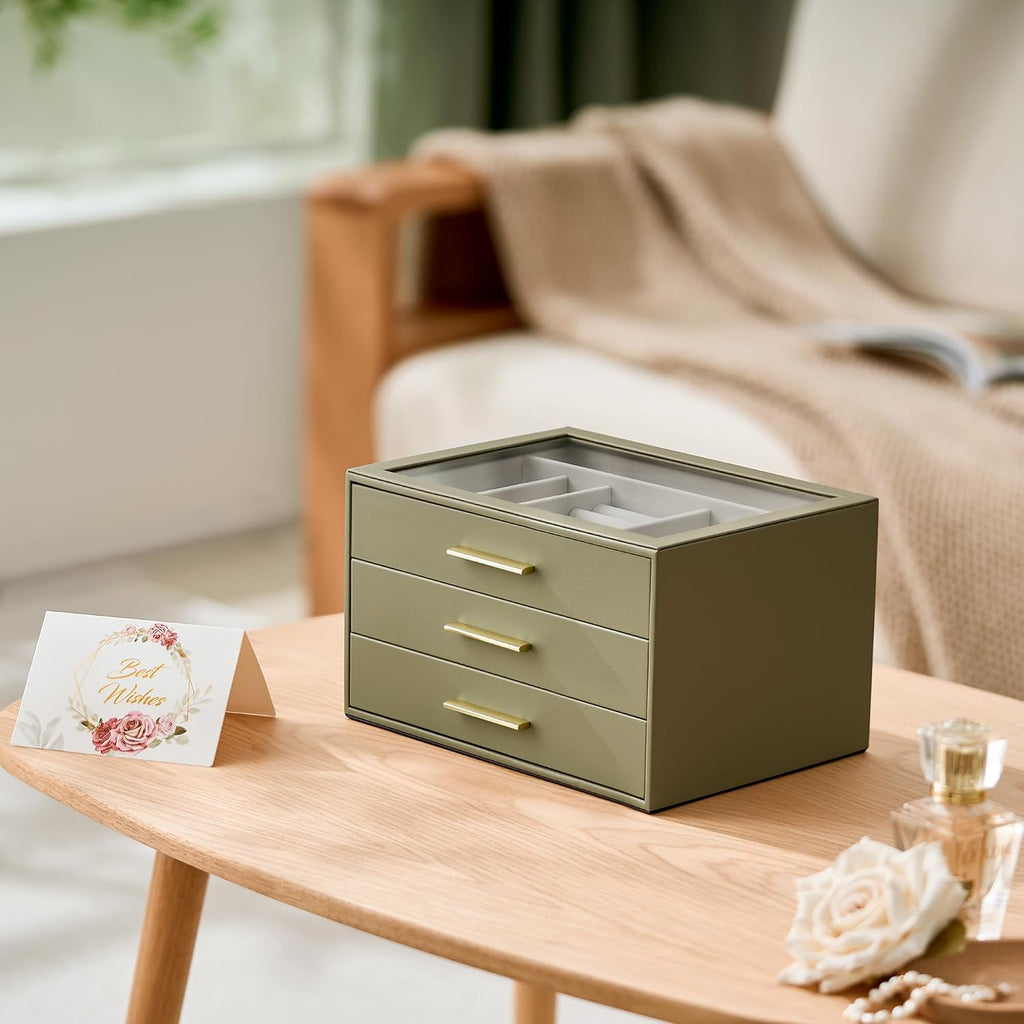 Jewelry Box Organizer Storage Case, 3-Layer with Glass Window, Green