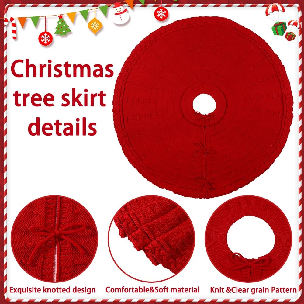 36 Inches Christmas Knitted Tree Skirt Decorations Xmas Large Red Chunky Cable Farmhouse Thick Rustic Tree Skirt