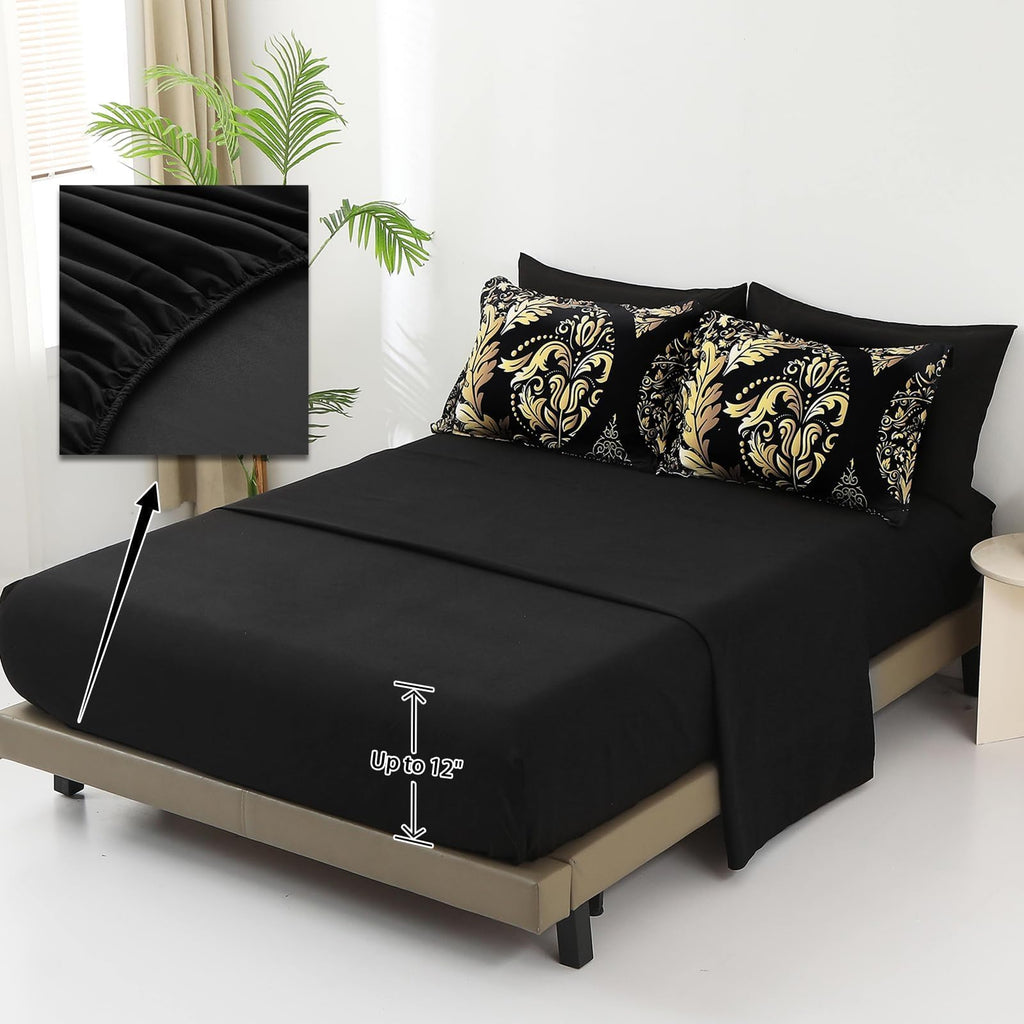 Black Gold Comforter Set California King Size, 7 Pieces Bohemian Damask Comforter Set Soft Lightweight Microfiber