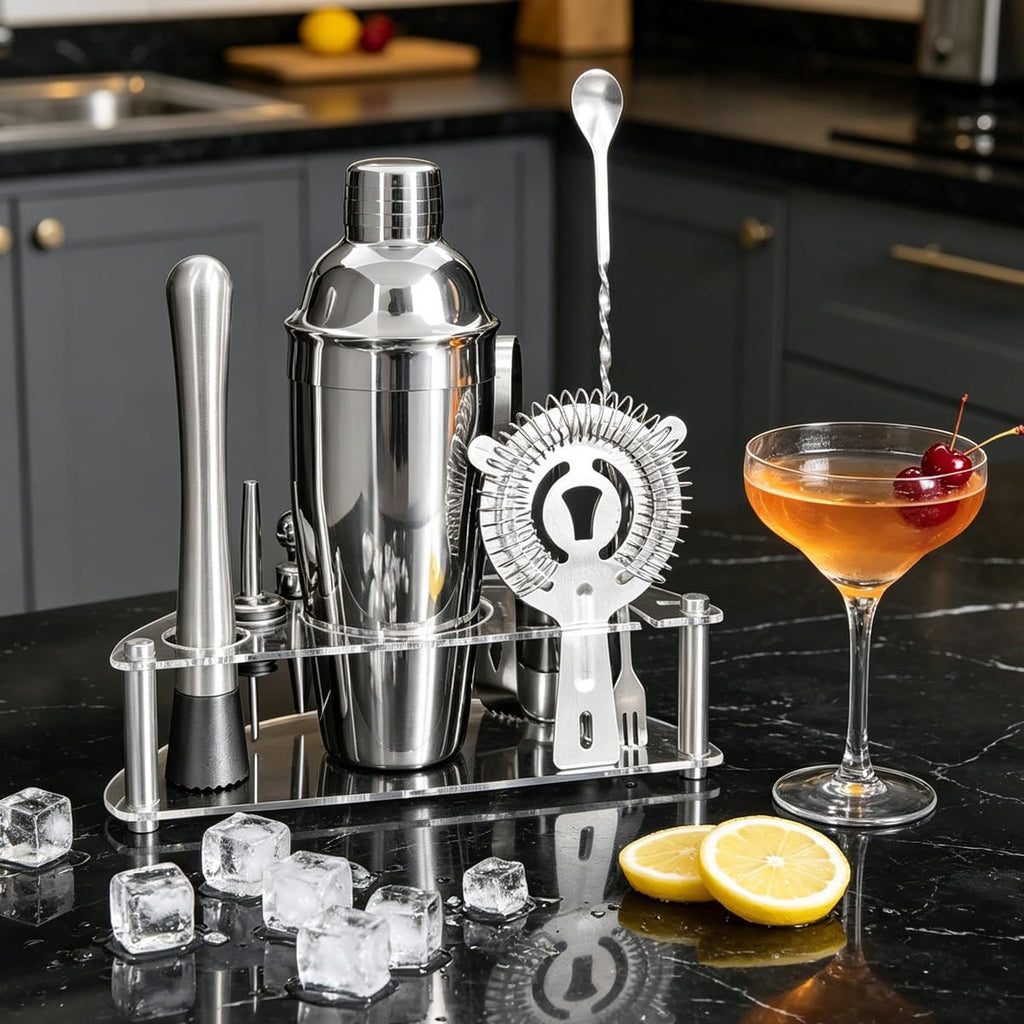 9-Piece Cocktail Shaker with Stand, 25oz Bartender Kit, Cocktail Shaker with Strainer Set, Bar Set Jigger - Set of 9